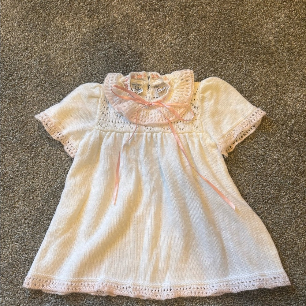 Vintage Bebe by cradlescraft White Baby Dress with Pink Ribbon